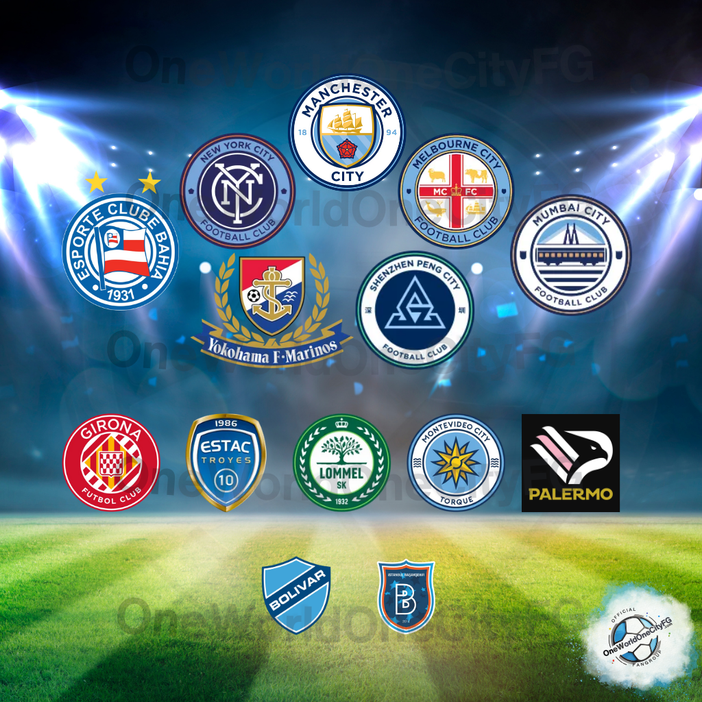 Logos of City Football Group's clubs around the world, including Manchester City (England), New York City FC (USA), Melbourne City FC (Australia), Mumbai City FC (India), E.C Bahia (Brazil), Yokohama F. Marinos (Japan), Girona FC (Spain), ES Troyes AC (France), Lommel SK (Belgium), Sichuan Jiuniu FC (China), Palermo (Italy), Montevideo City Torque (Uruguay), Istanbul Basaksehir (Turkey) and Club Bolívar (Bolivia), showcasing the unity and international diversity of CFG's football family.